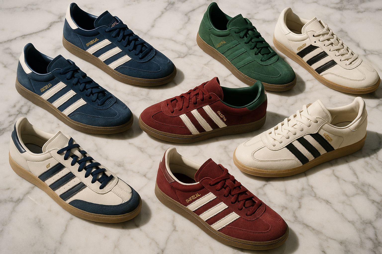 Stock de sneakers style spezial / samba ultra réaliste éparpillé par terre en mode photo sur un sol en marbre 