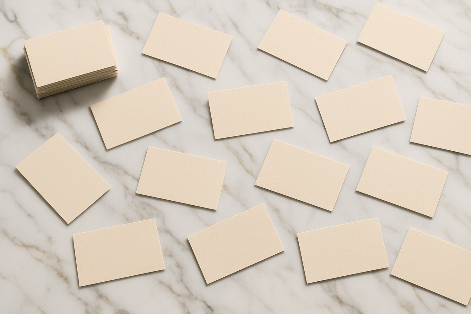 table avec plein de carte de visite beige et table blanche en marbre 